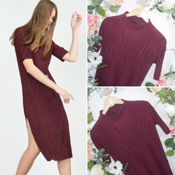 Zara Dresses & Skirts - Zara Burgundy Pleated Midi Dress Mock Neck Medium